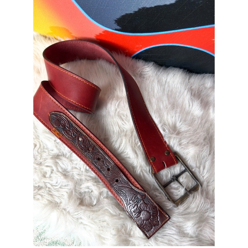 Vintage‎ Levis Orange Tab Red Brown Harness Leather Floral Tooled Belt 32 1224